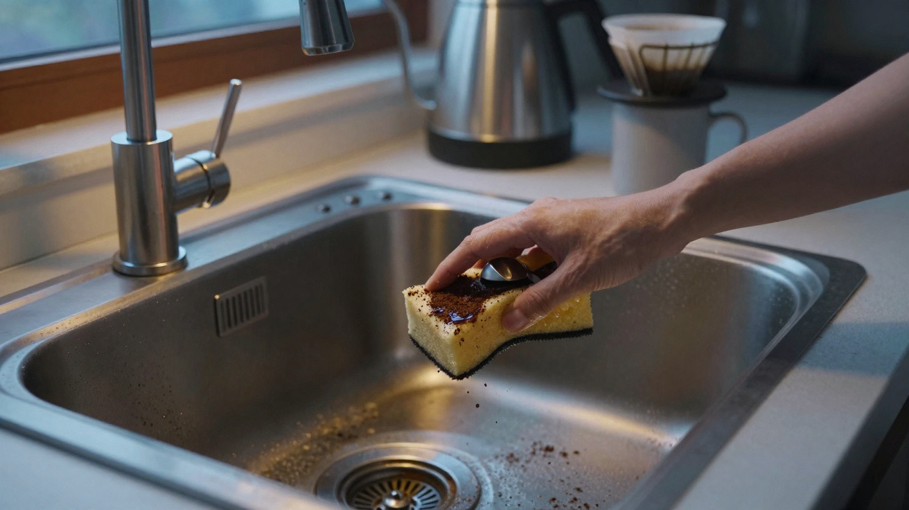 Mão segurando esponja para limpar resíduos de café em pia de cozinha de aço inox.
