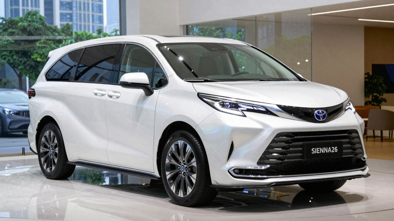 Minivan branca Toyota Sienna 2026 em showroom moderno com janelas amplas e piso brilhante.