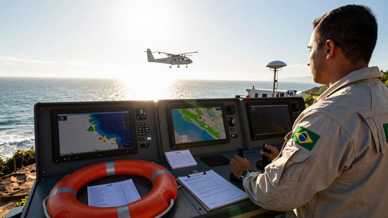 Homem em uniforme brasileiro monitora voo de hidroavião no litoral ao pôr do sol.