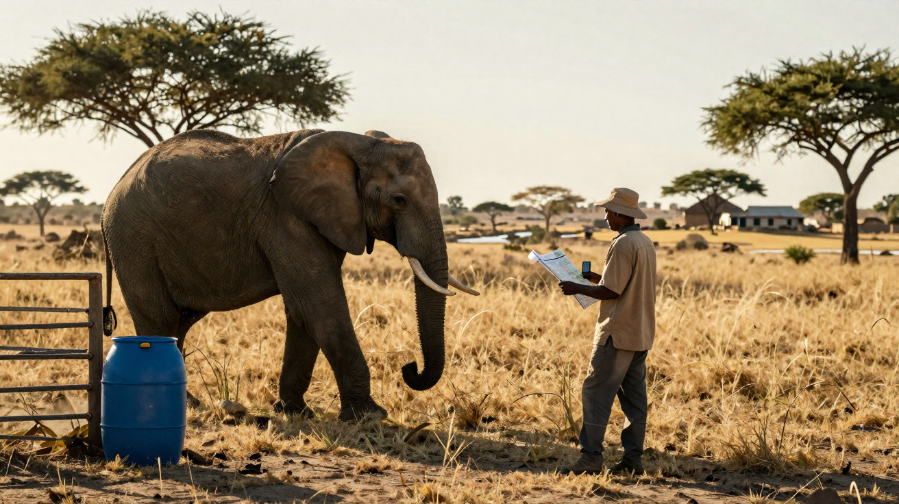 Elefante e pessoa com chapéu interagem em área seca com árvores e pasto ao fundo.