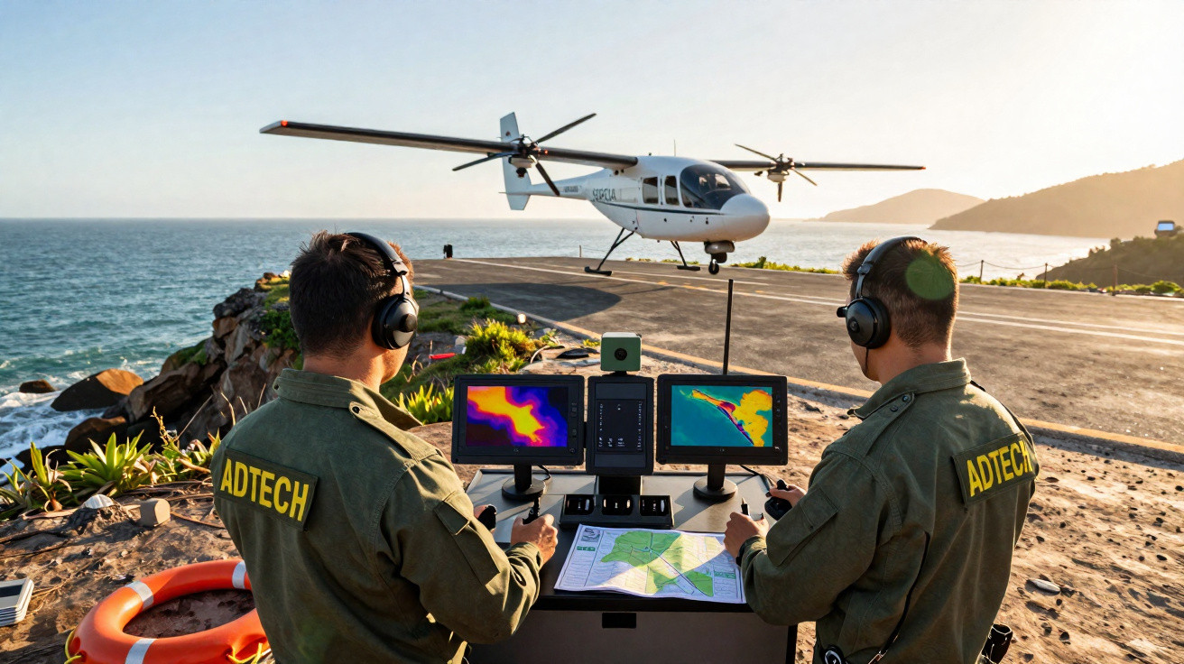 Dois técnicos com fones controlam um helicóptero branco próximo ao mar em pista de pouso isolada.