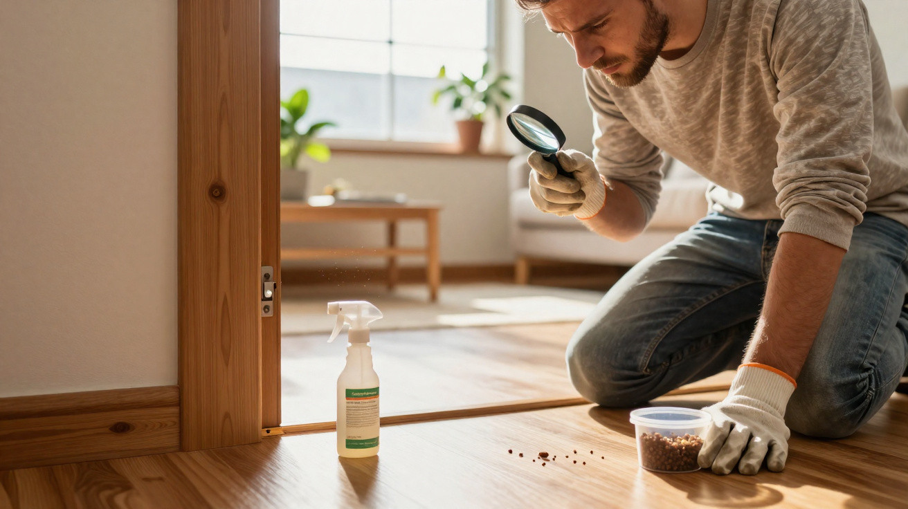 Homem ajoelhado inspecionando insetos no chão de casa com lupa e luvas, ao lado de recipiente e spray.