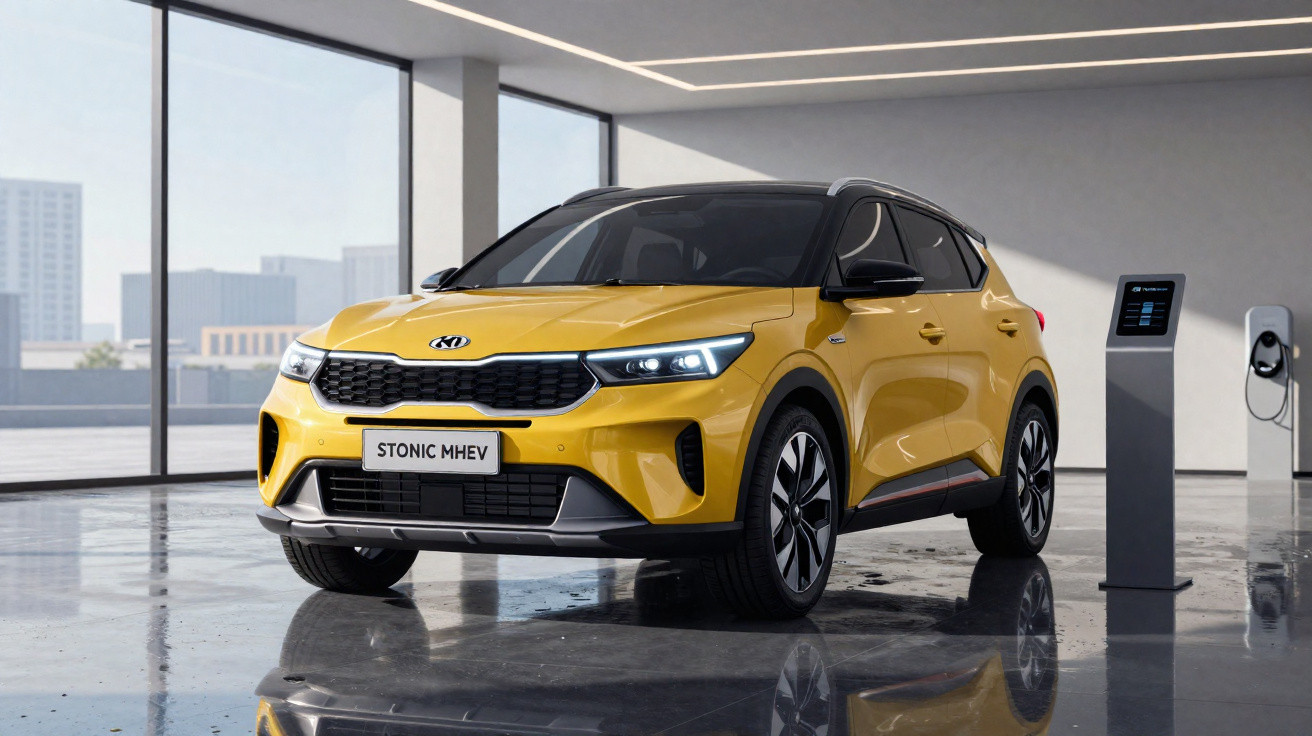 Carro elétrico Kia Stonic MHEV amarelo em salão moderno com estação de carregamento.