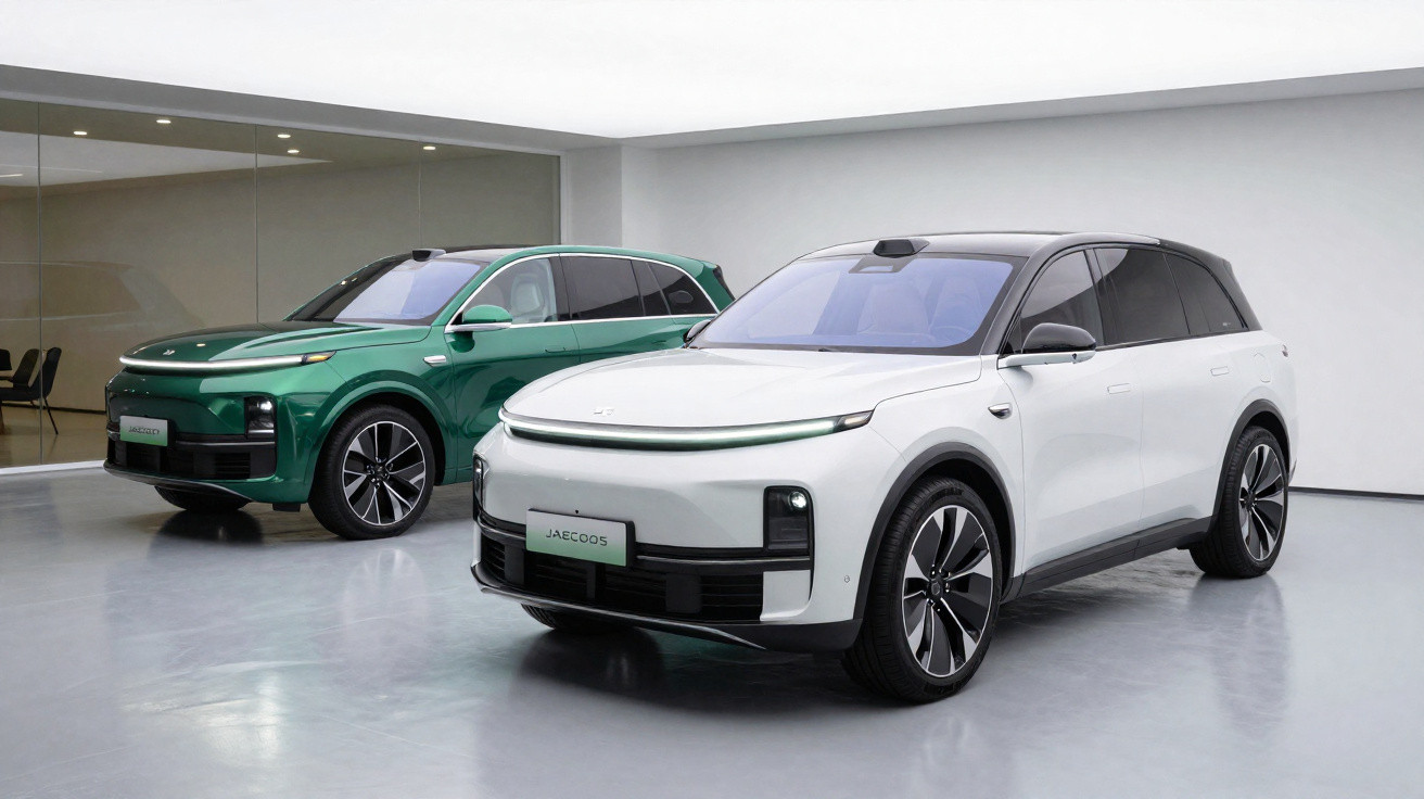 Dois carros elétricos SUV JAC iCooS em exposição, um branco e outro verde, em ambiente moderno e minimalista.