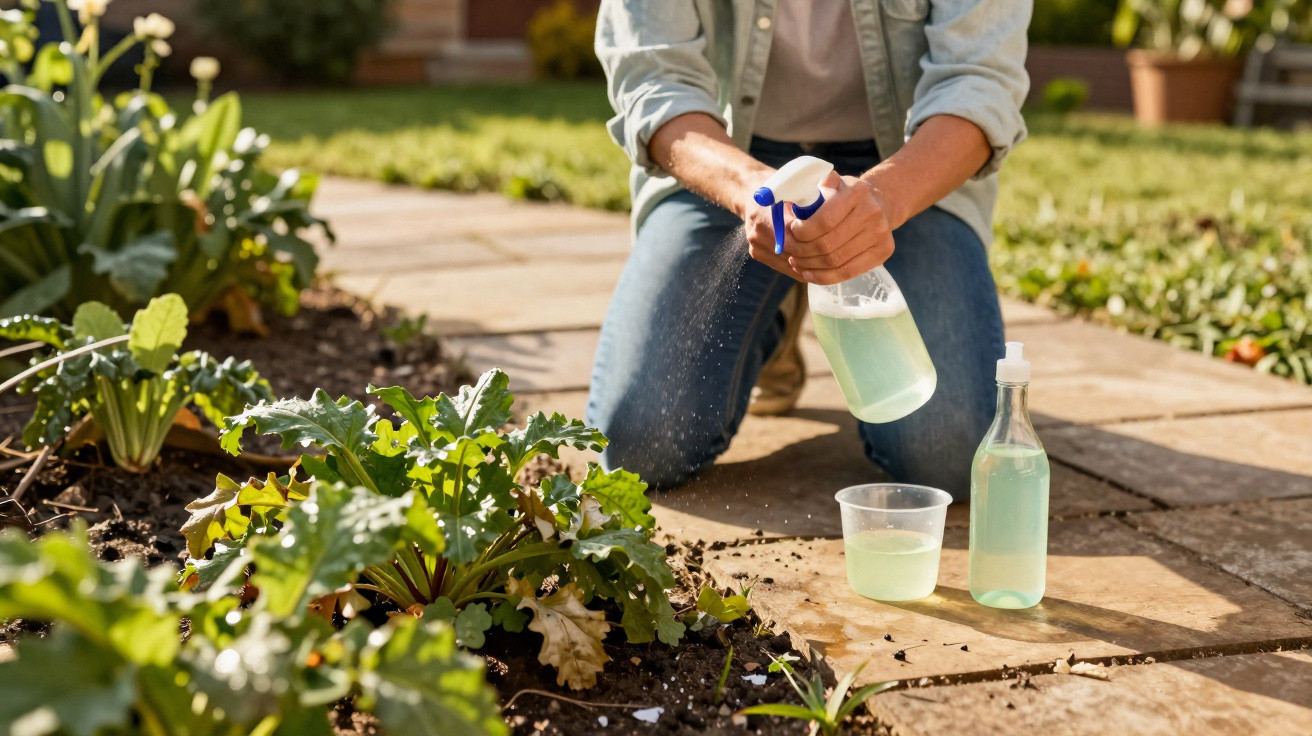 Pessoa borrifando líquido em plantas em um jardim ensolarado com frascos plásticos ao lado.