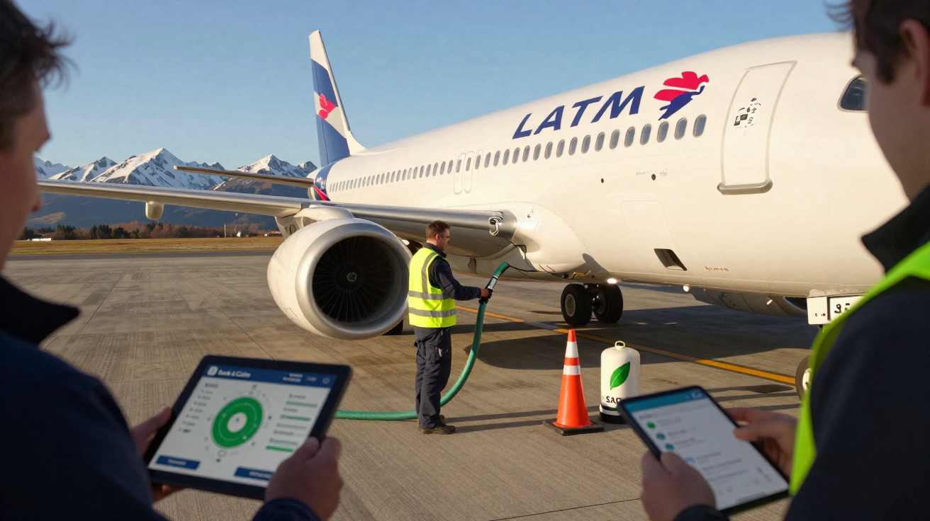 Funcionários abastecendo avião da LATAM no aeroporto com tablets e equipamentos de controle.