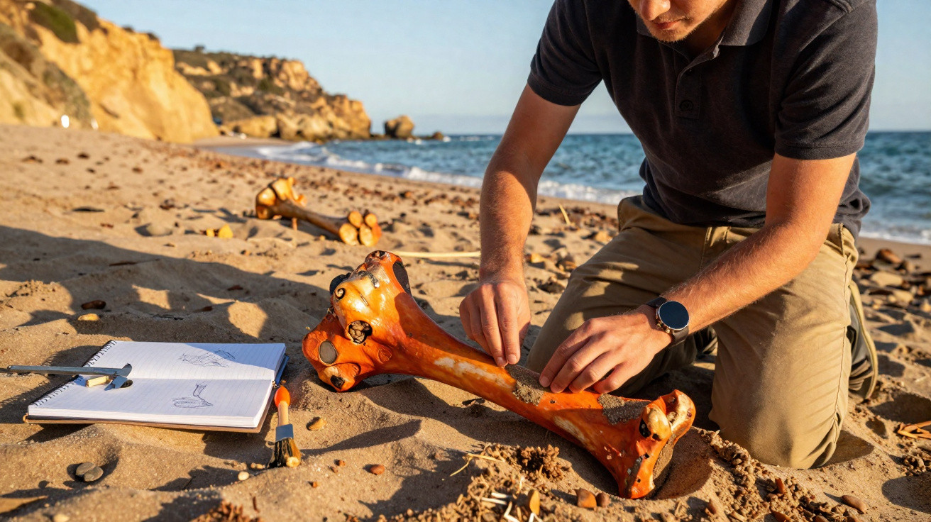 Homem estudando osso grande na areia da praia com caderno, pincel e lápis ao lado ao entardecer.