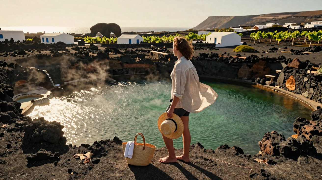 Mulher de camiseta branca segura chapéu e observa piscina natural cercada por pedras negras e casas brancas.