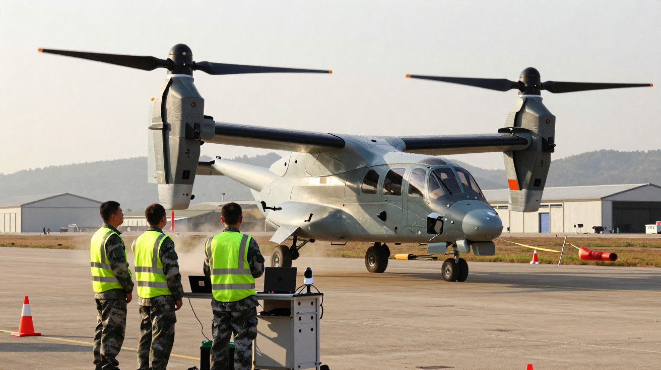 Três militares com coletes refletores operam console eletrônico enquanto aeronave de asas giratórias estática em pista.