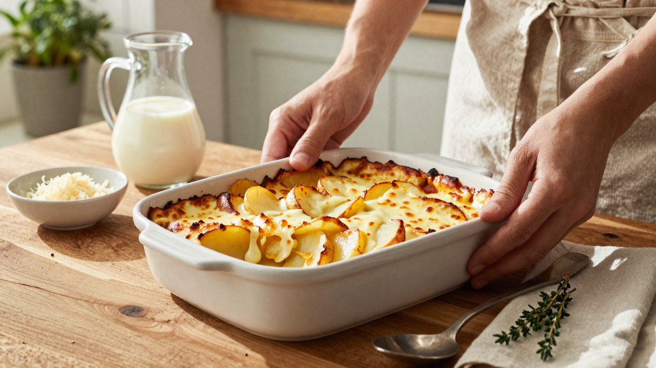 Mãos segurando forma branca com gratinado de batatas em mesa de madeira com jarra de leite e prato de queijo.