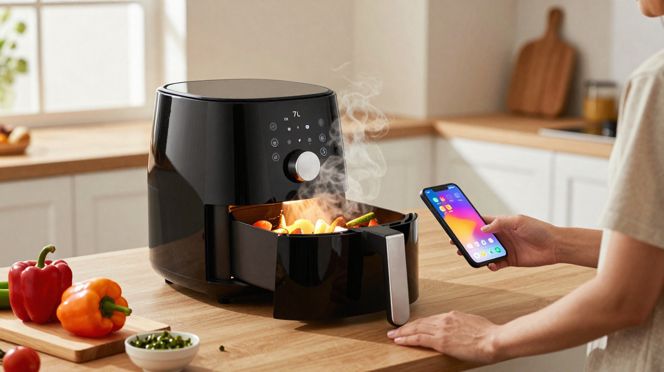 Pessoa usando smartphone próximo a fritadeira elétrica preta com legumes cozinhando e vapor saindo, sobre bancada de madeira.