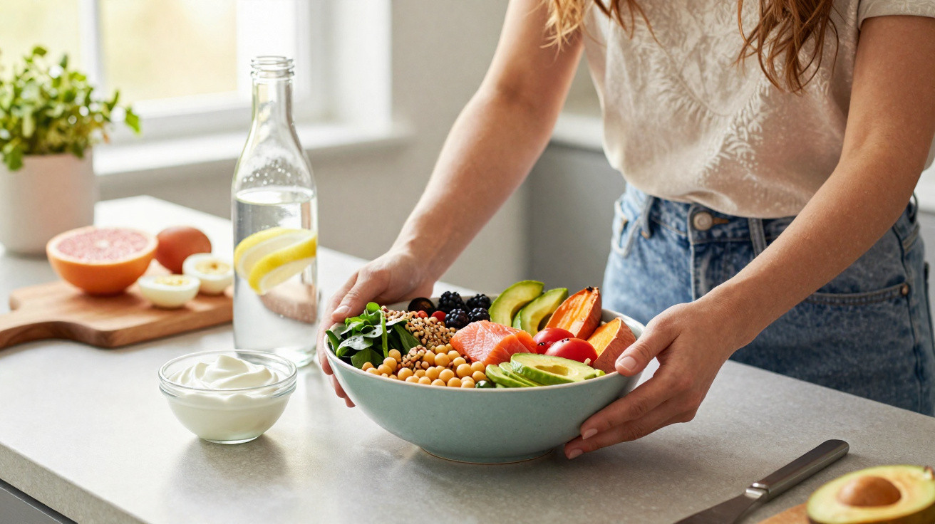 Pessoa segurando tigela com salada colorida, ao lado de garrafa de água e frutas em bancada.
