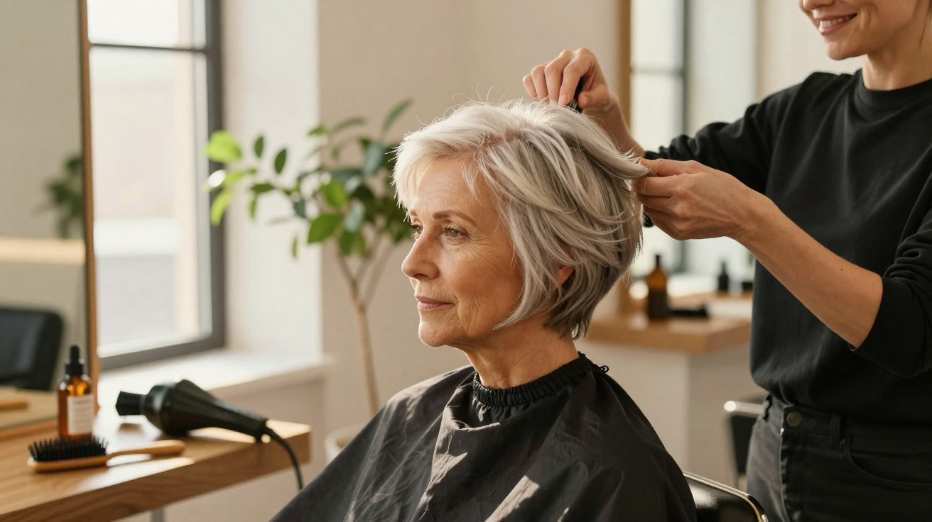 Mulher idosa de cabelo branco sendo penteada por cabeleireira em salão de beleza claro e moderno.