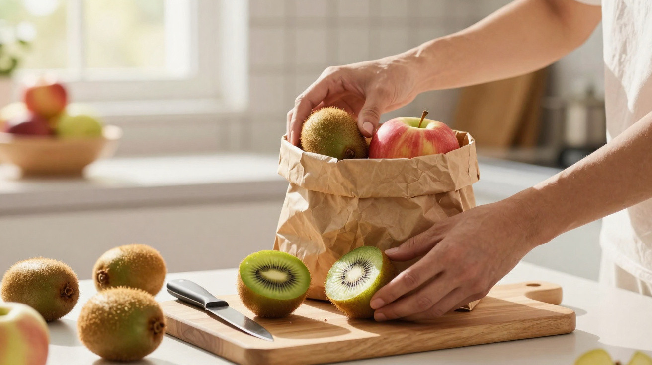 Pessoa colocando frutas em sacola de papel com kiwis cortados ao meio e maçãs sobre bancada na cozinha.