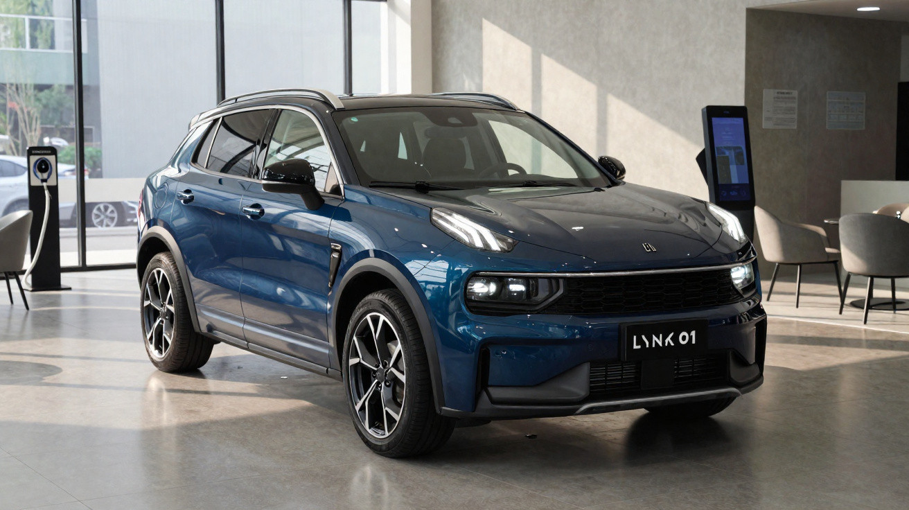 Carro SUV azul modelo Lynk 01 em exibição dentro de showroom moderno com luz natural.