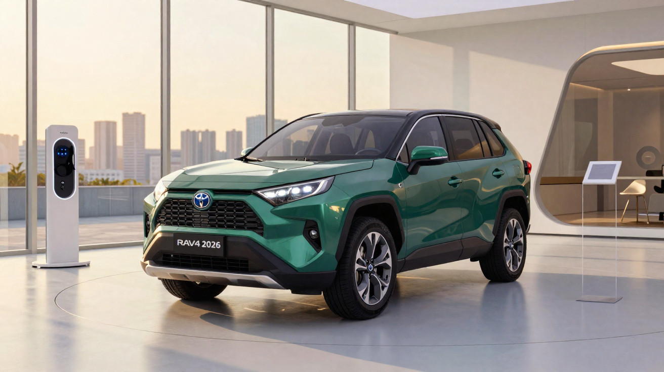 Carro SUV Toyota RAV4 2026 verde em exposição interna com estação de recarga elétrica ao lado.