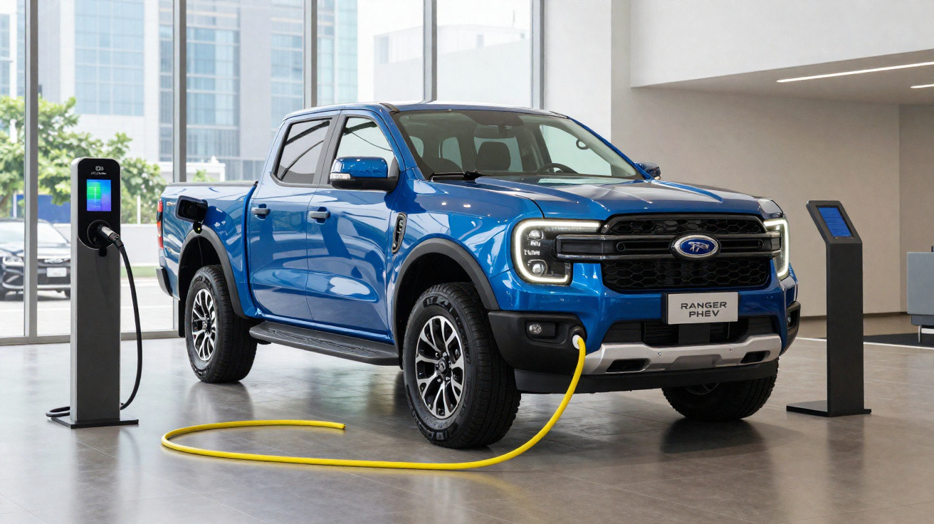 Picape azul Ford Ranger PHEV conectada a estação de recarga elétrica em showroom moderno.