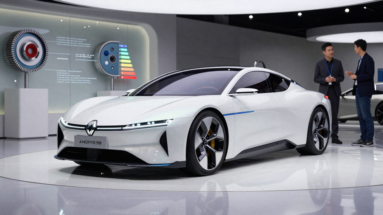 Carro elétrico esportivo branco exibido em salão de tecnologia com duas pessoas conversando ao fundo.