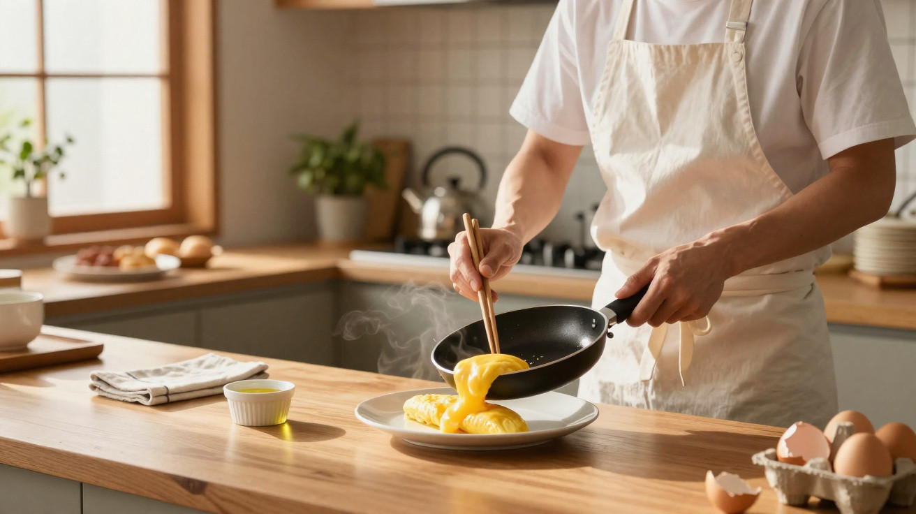 Pessoa vestindo avental branco servindo omelete quente de frigideira para prato na cozinha.
