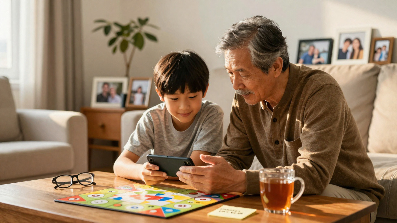Idoso e criança jogam juntos em um tablet, sentados à mesa com jogo de tabuleiro e chá.