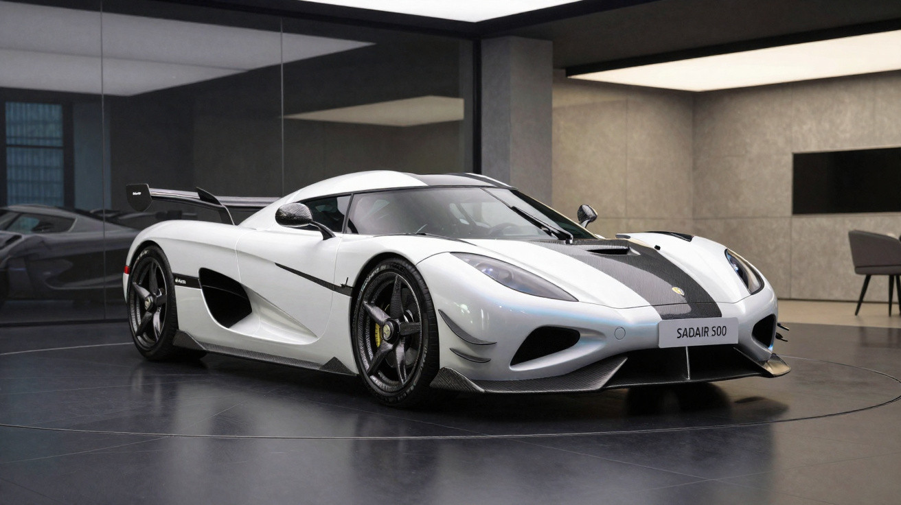 Carro esportivo branco com detalhes pretos estacionado em ambiente interno moderno e sofisticado.