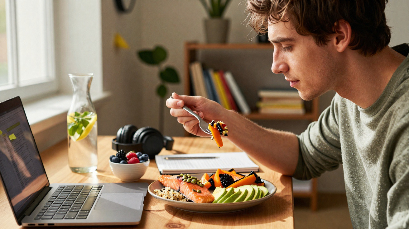 Jovem sentado em mesa com notebook, comendo salada saudável com salmão, abacate e frutas.