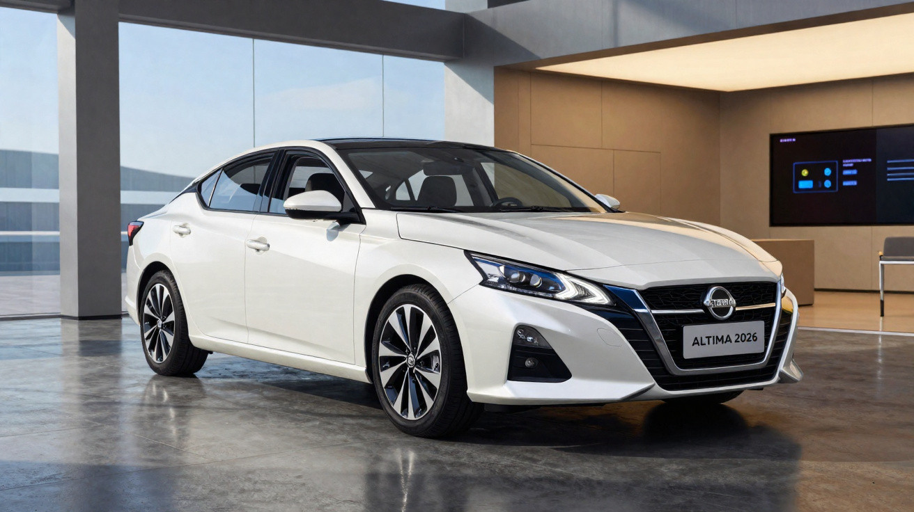 Carro sedan branco Nissan Altima 2026 em ambiente interno moderno com iluminação natural.