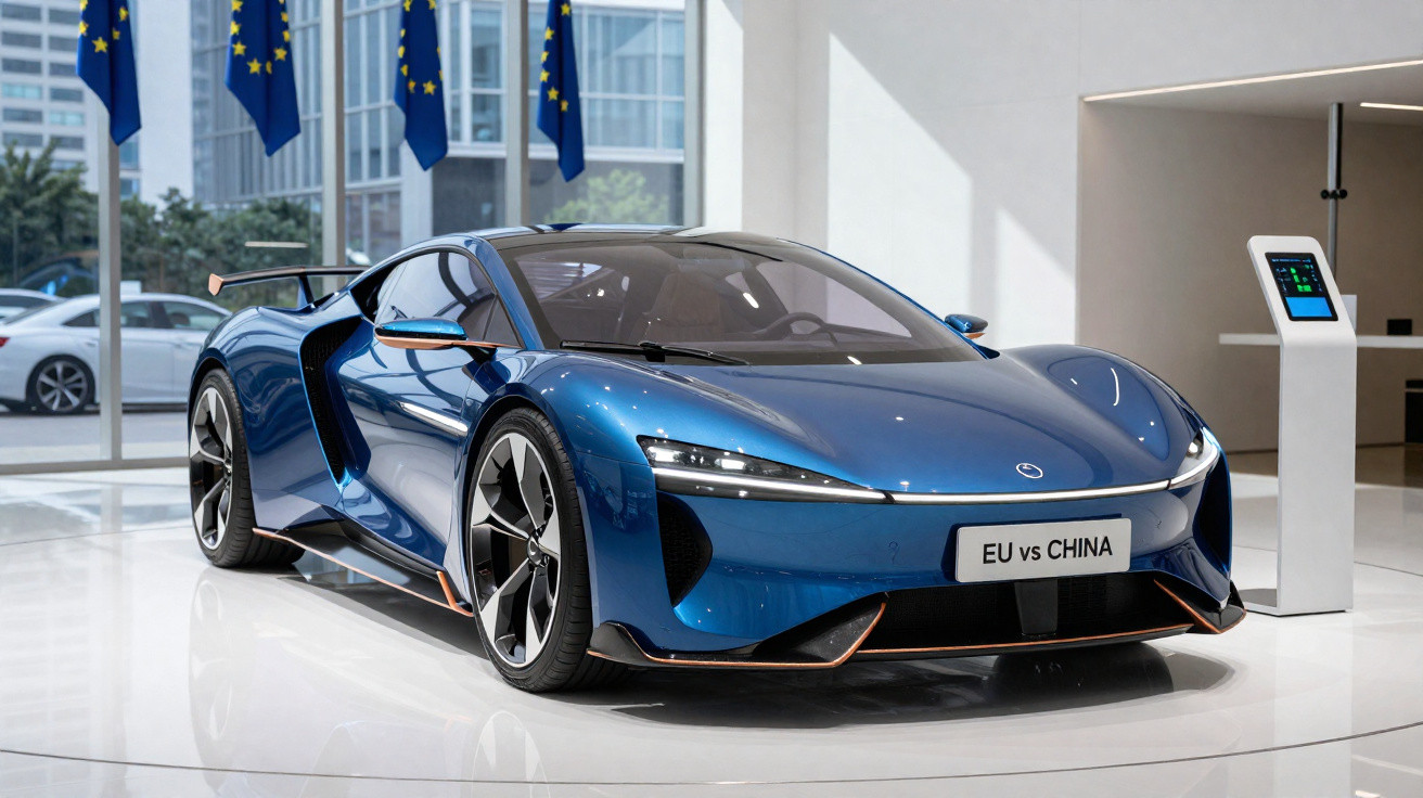 Carro esportivo azul elétrico em exposição interna com placa frontal "EU vs CHINA" e bandeiras da União Europeia ao fundo.