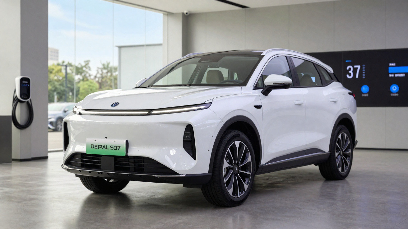 Carro elétrico branco modelo DEPAL S07 estacionado em ambiente interno moderno e iluminado.