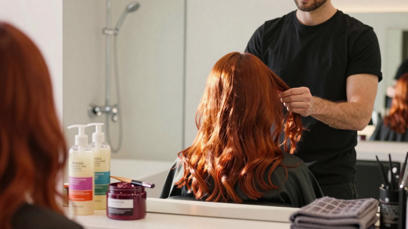 Homem arrumando cabelo longo e ruivo de mulher em salão, com produtos e toalha na bancada.