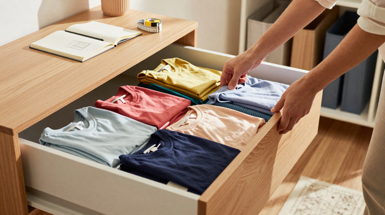 Pessoa organizando camiseta dobradas coloridas em gaveta de madeira clara.