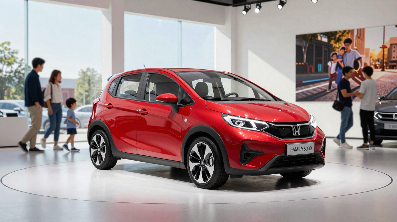Carro vermelho Honda Family 5000 exibido em salão com pessoas ao fundo.