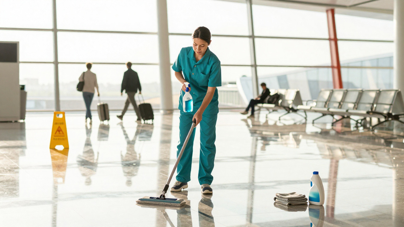 Mulher com uniforme verde limpando chão de aeroporto com esfregão e spray, pessoas e cadeiras ao fundo.