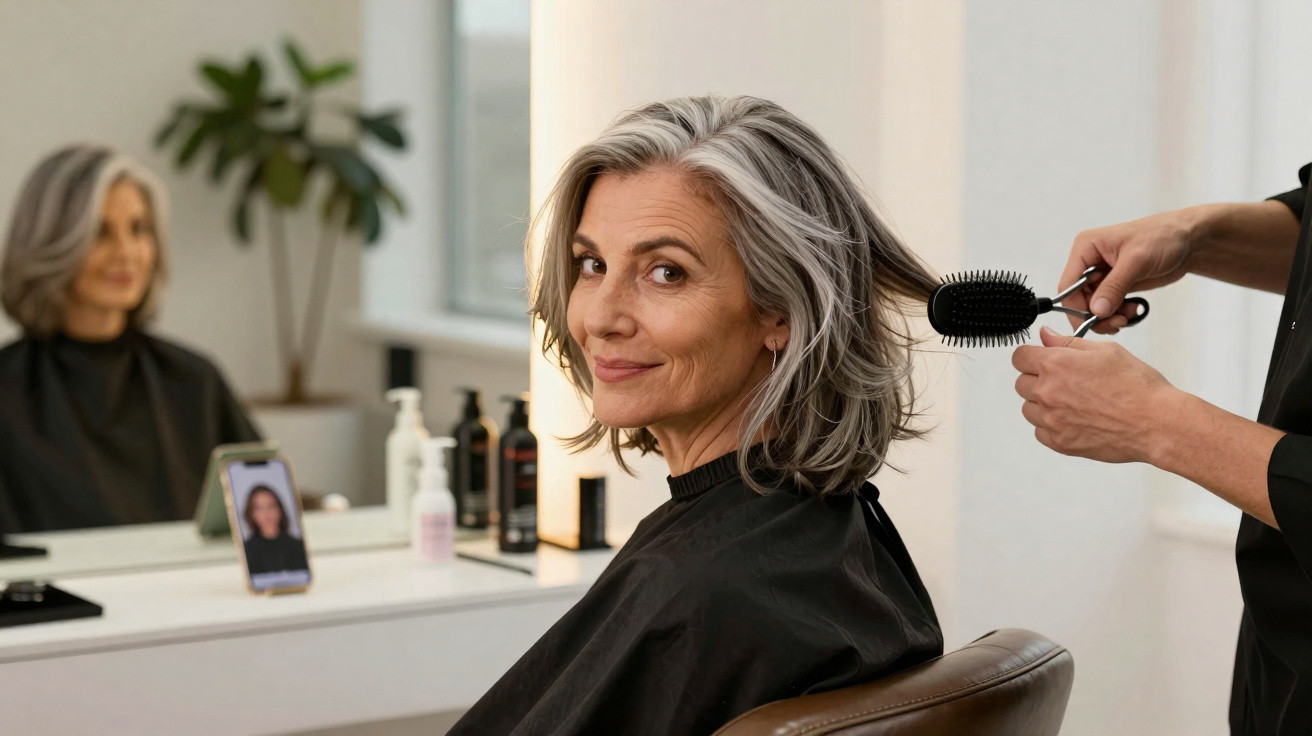 Mulher de cabelos grisalhos sentada em salão de beleza recebendo penteado de cabeleireiro.