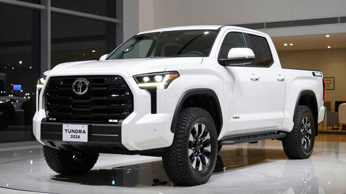 Picape branca Toyota Tundra 2026 exibida em showroom com iluminação interna e pneus robustos.