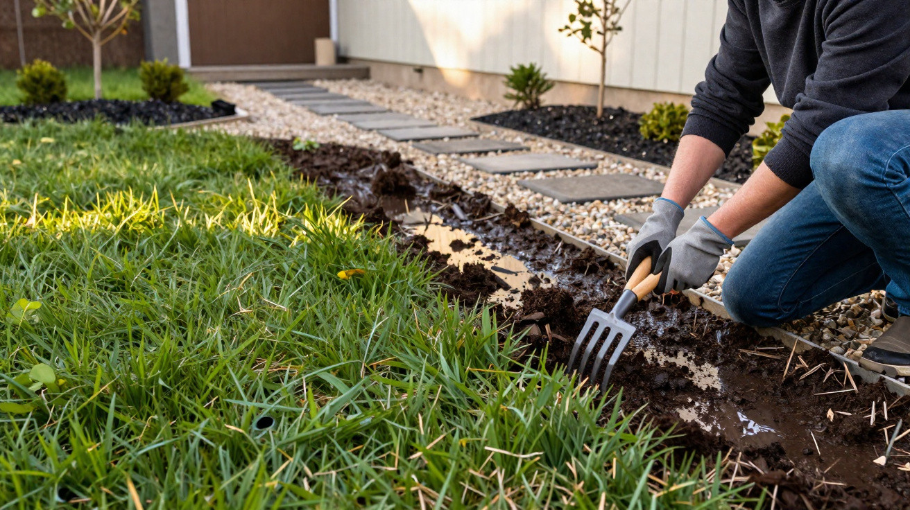 Pessoa usando luvas e ferramentas de jardinagem para preparar solo ao lado de grama em jardim residencial.