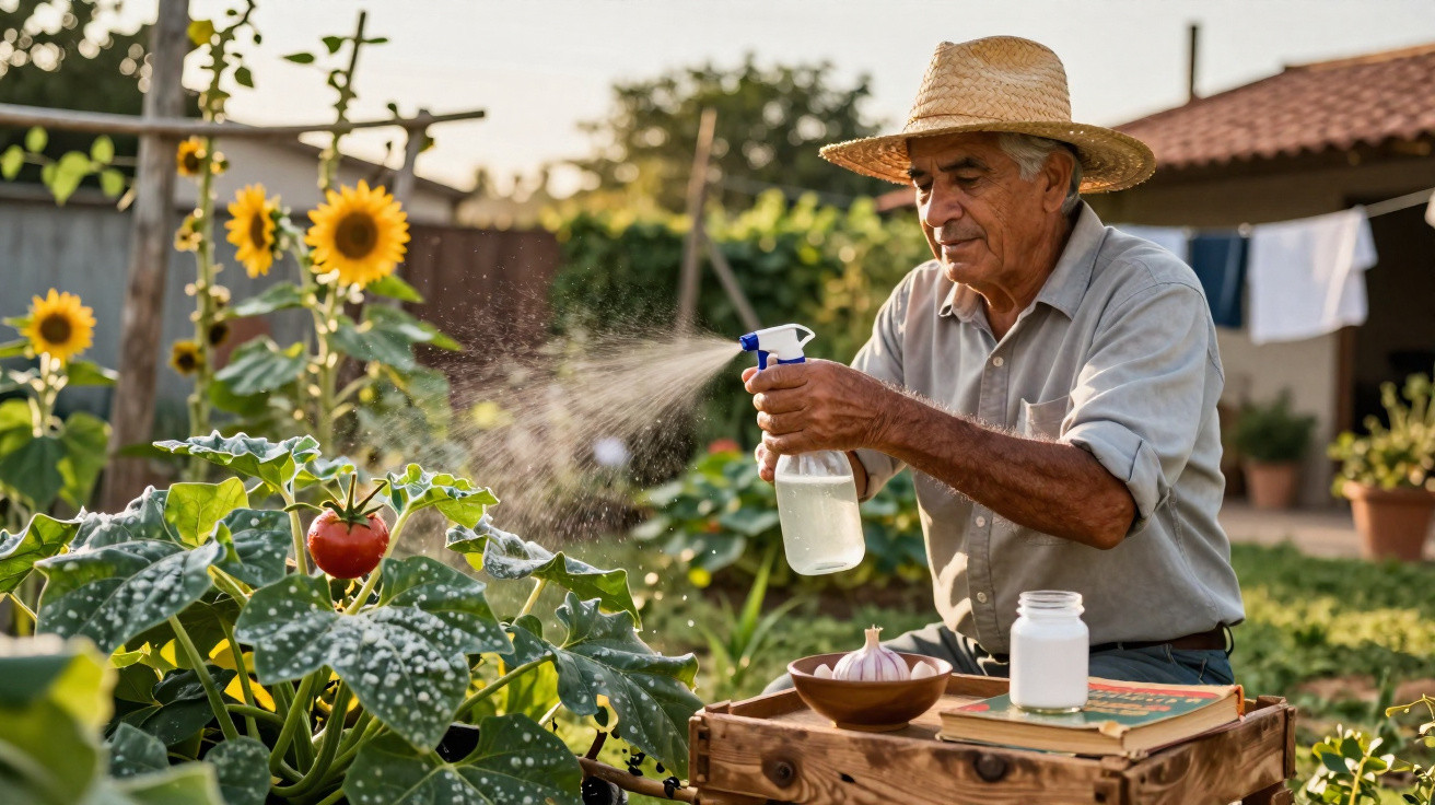 Homem idoso com chapéu regando plantas com pulverizador em jardim ensolarado com girassóis ao fundo.