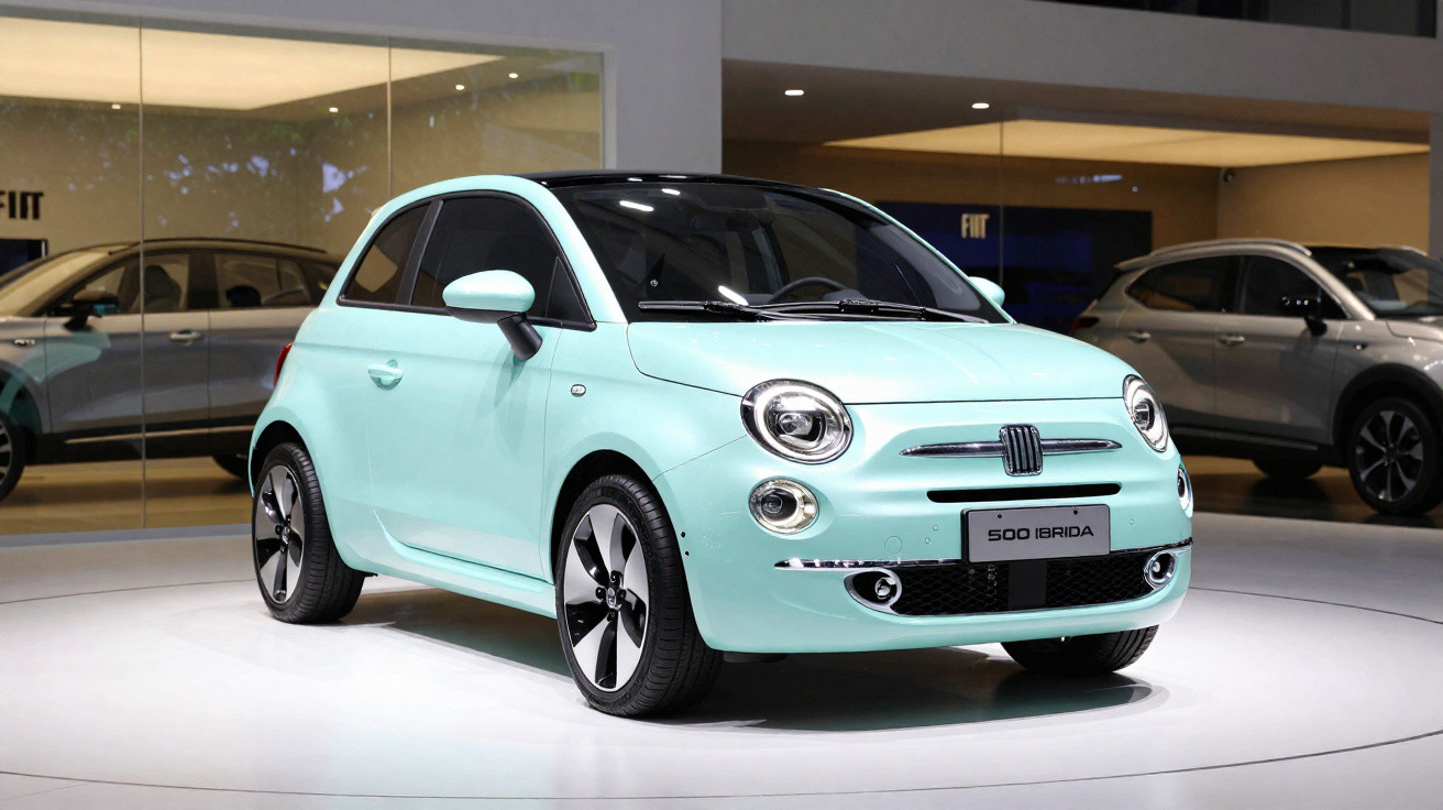 Carro compacto Fiat 500 híbrido azul claro exposto em salão automotivo com outros carros ao fundo.