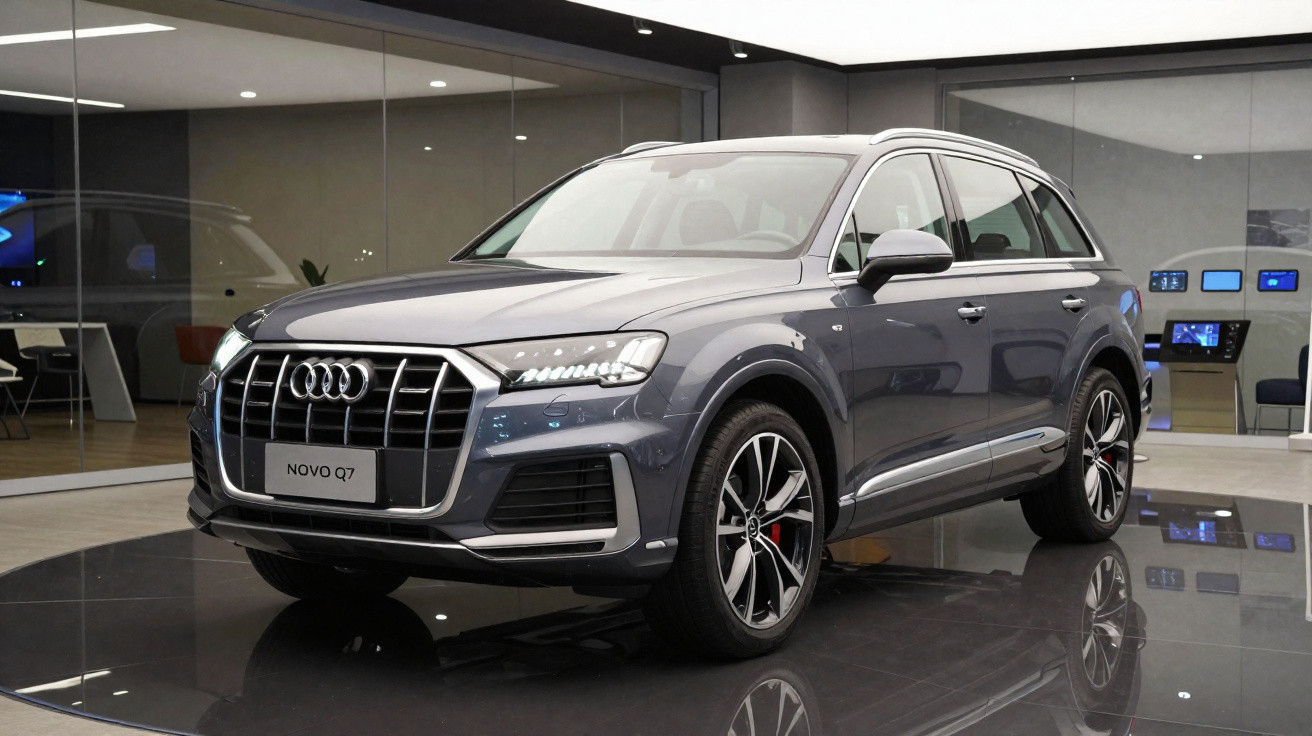 SUV Audi Q7 cinza estacionado em showroom moderno com piso espelhado.
