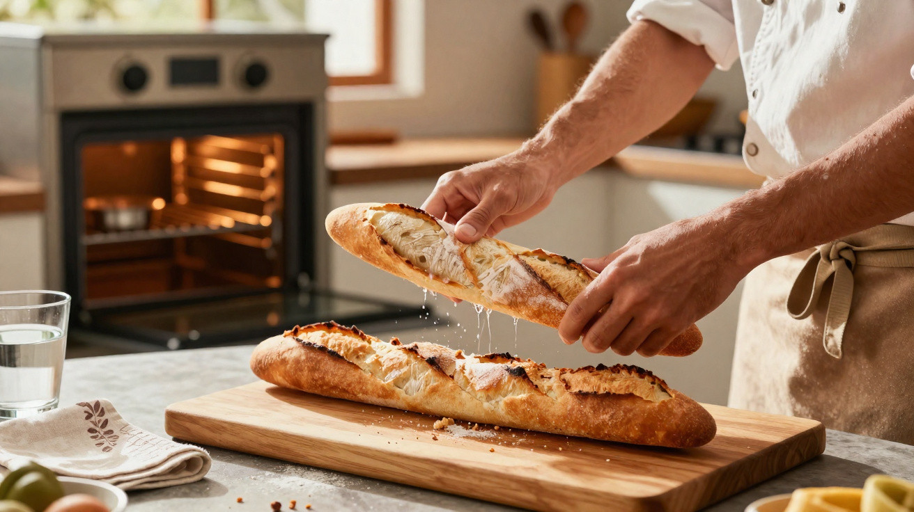 Pessoa segurando e cortando baguete fresca sobre tábua de madeira na cozinha com forno ao fundo.