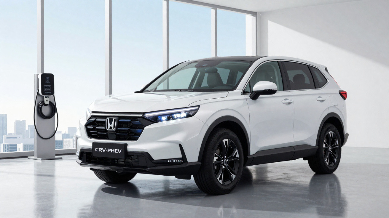 Carro SUV branco Honda CRV-PHEV estacionado em ambiente minimalista ao lado de carregador elétrico.