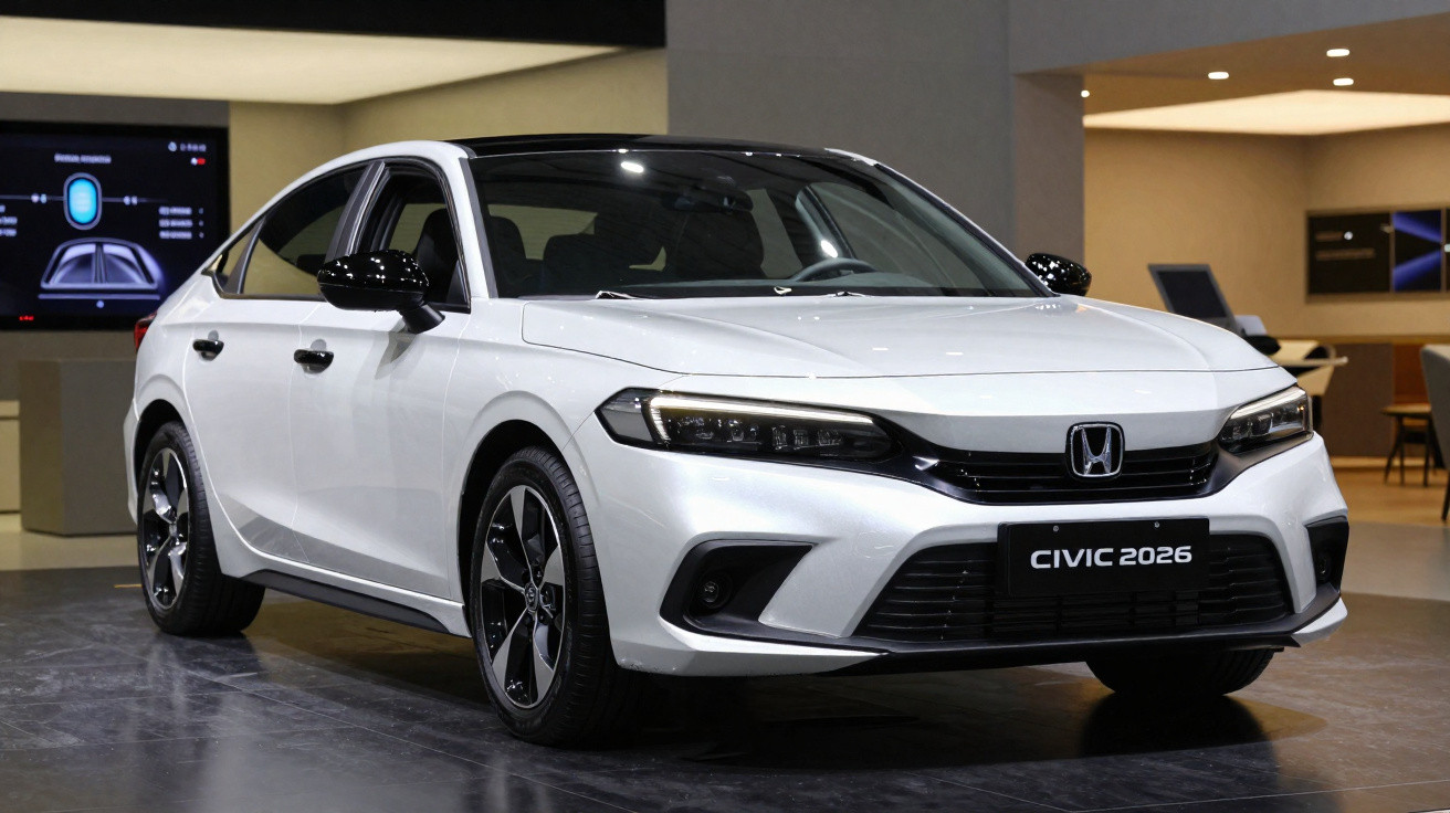 Carro branco Honda Civic 2026 estacionado em ambiente interno de exposição.
