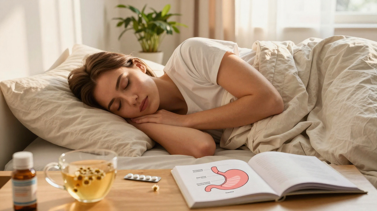 Mulher deitada na cama com remédios, chá e livro aberto mostrando desenho do estômago na mesa ao lado.