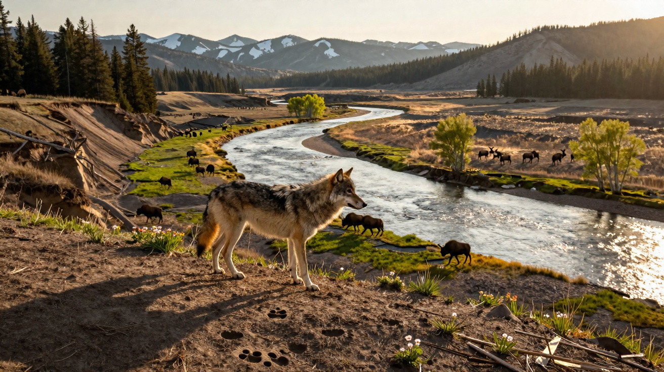 Lobo observando um rebanho de bisões perto de um rio em um vale montanhoso ao pôr do sol.