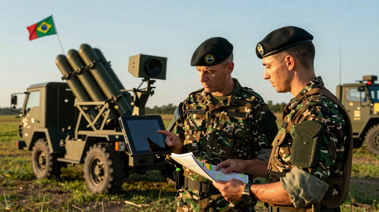 Dois soldados brasileiros em uniforme com tablet e mapa, com veículo militar e bandeira do Brasil ao fundo.
