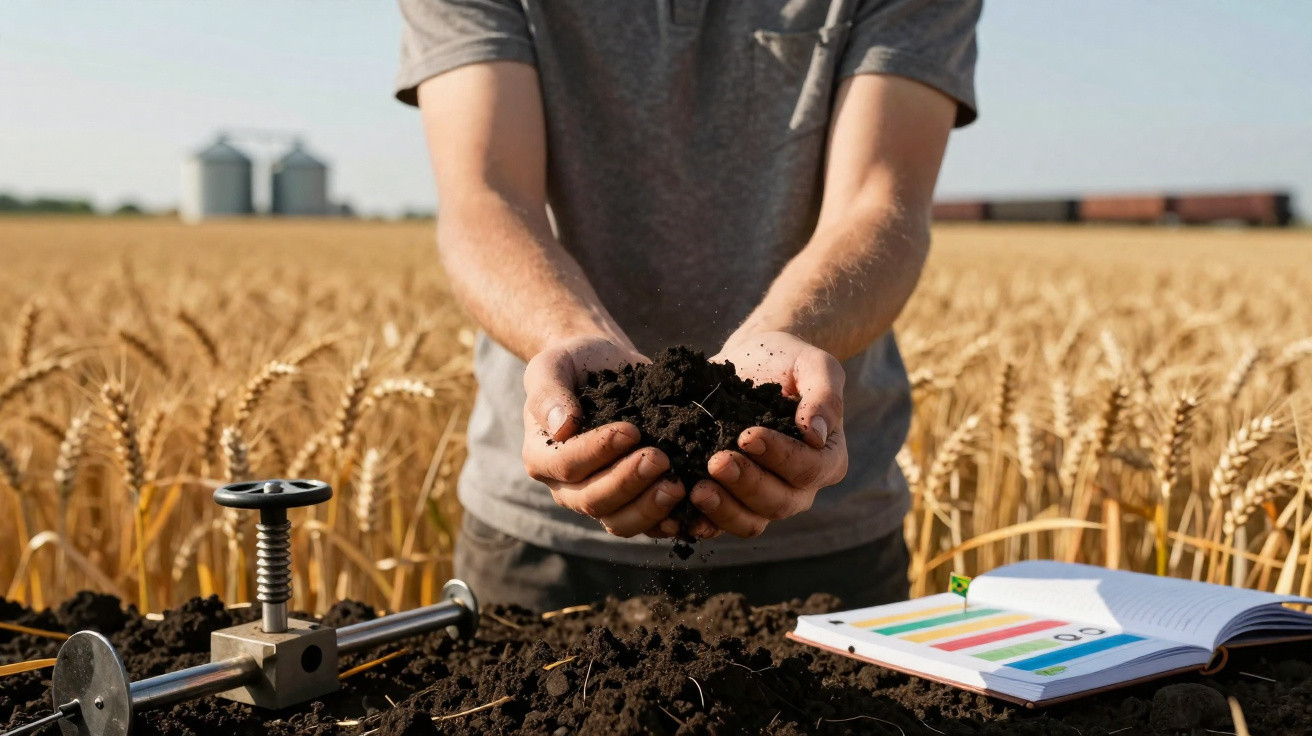 Pessoa segurando terra fértil em campo de trigo com equipamentos de análise agrícola e caderno ao lado.