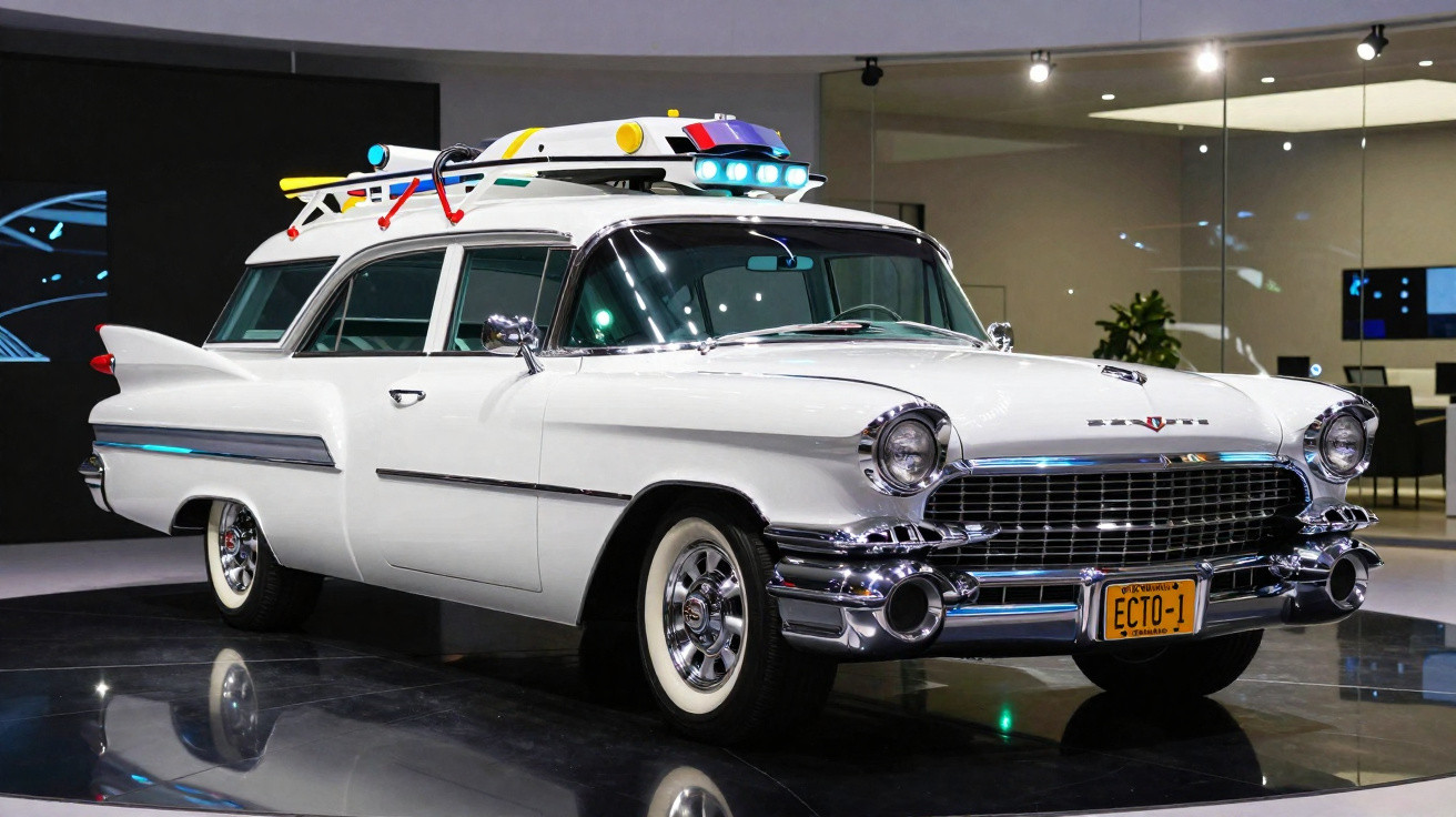 Carro branco clássico inspirado no Ghostbusters com luzes no teto e placa ECTO-1 em exibição.