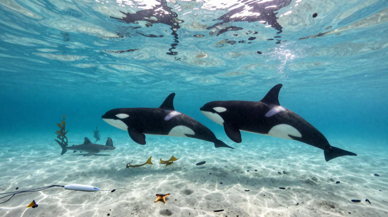 Orcas nadando perto do fundo do mar com um tubarão e plantas marinhas ao redor.