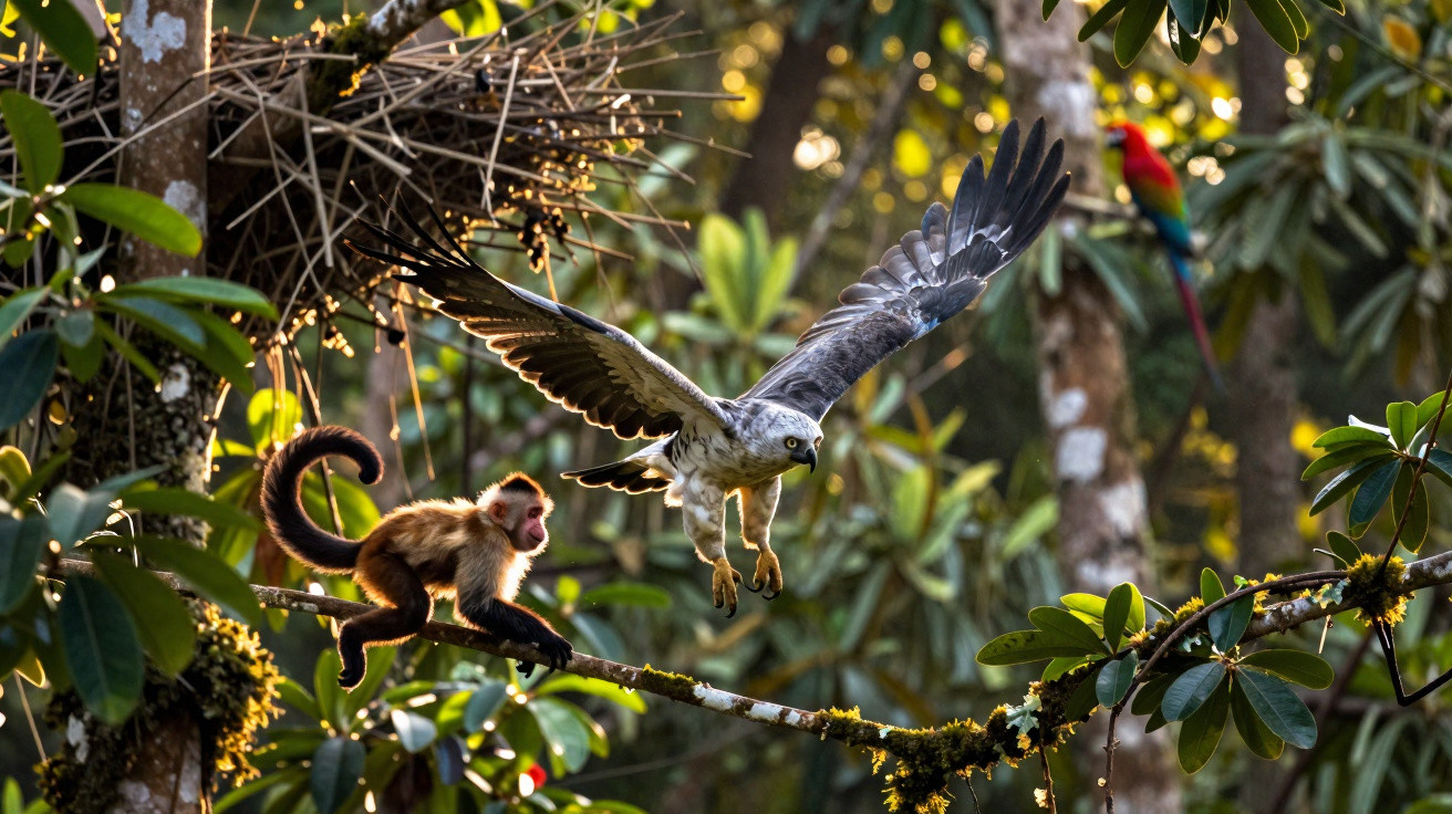 Falcão voando próximo a macaco em galho de árvore, com araras ao fundo na floresta.