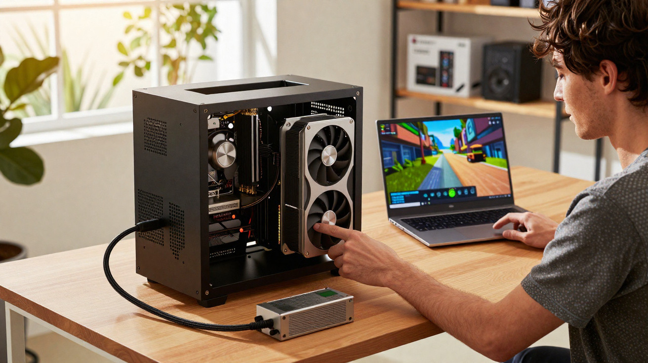 Jovem mexe no hardware interno de um computador ao lado de laptop com jogo aberto em ambiente iluminado.